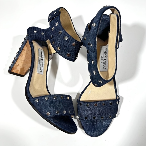 Jimmy Choo [ Women 39.5 ] Denim Blue Studded Strappy‎ Ankle Strap Heels